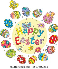 Easter card with colorfully painted gift eggs, spring flowers and butterflies, vector cartoon illustration on white