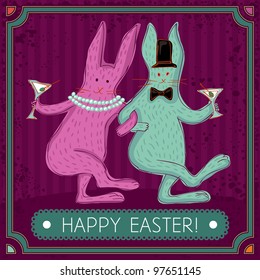 easter card with couple of elegant bunnies dancing, holding martini glasses