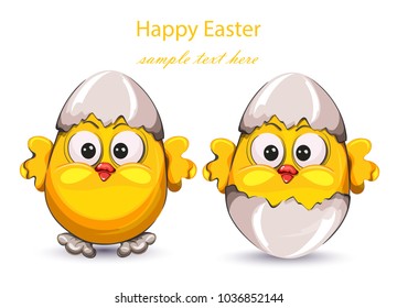 Easter card with cracked eggs and cute little chicken. Vector