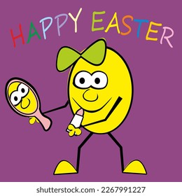Easter card, crazy egg and mirror and lipstick, purple background, vector humorous illustration, 