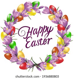 
Easter card with crocuses and colored eggs. A luscious wreath of primroses and colored eggs. For Easter greetings. Flowers, easter eggs, beautiful background,  banner, vector.