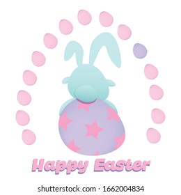 Easter card with a cute blue rabbit and small eggs around it