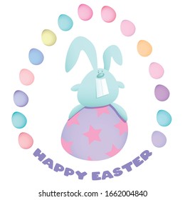 Easter card with a cute blue rabbit and small eggs around it