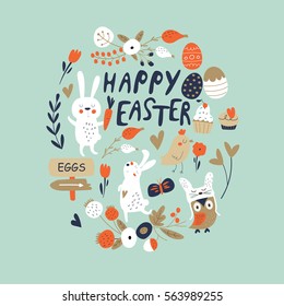 Easter card with cute bunnies, chickens and, owl and flowers in cartoon style