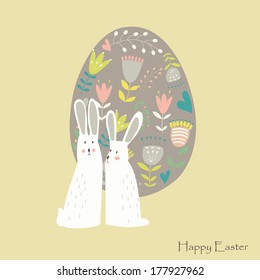 Easter card with cute bunnies and egg in cartoon style