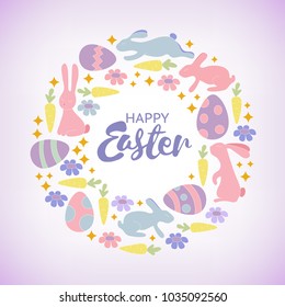 Easter card with cute bunnies, eggs and flowers in cartoon style. Happy Easter greeting card.