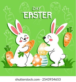 Easter card with cute bunnies and eggs on green background