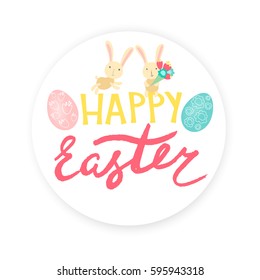 Easter card with cute bunnies, easter eggs and inscription Happy Easter