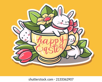 Easter card with cute bunnies and flowers. Hand-drawn illustration.  Vector