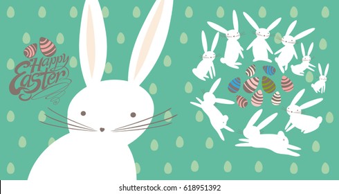 Easter card with cute bunnies and gift eggs. Happy Easter.