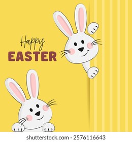 Easter card with cute bunnies and painted eggs on yellow background