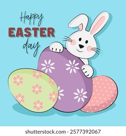 Easter card with cute bunnies and painted eggs on blue background