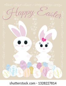 Easter card with cute bunnies and pastel coloured eggs with pattern. Happy Easter holidays card.