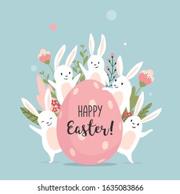 Easter card with cute bunnies and text, hand drawn vector illustration.