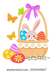 Easter card with cute bunny in basket and easter eggs, colorful vector illustration, decoration, poster, banner.