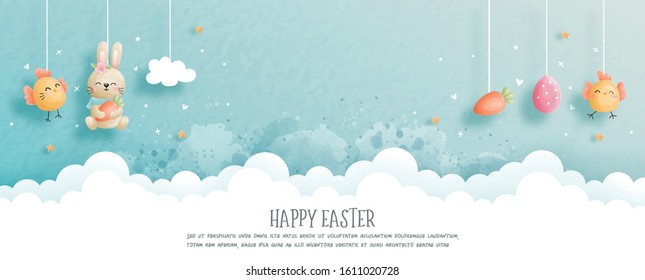 Easter card with cute bunny and chicken in the sky in paper cut style. Vector illustration