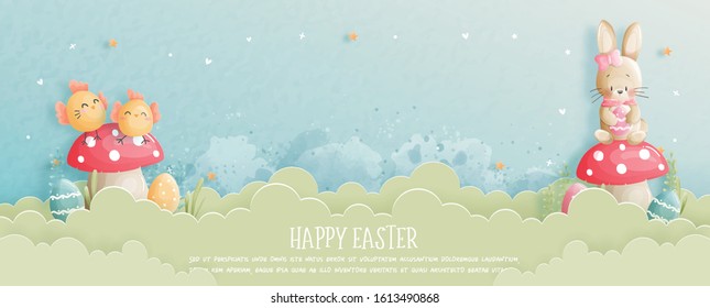 Easter card with cute bunny and chicken in paper cut style. Vector illustration