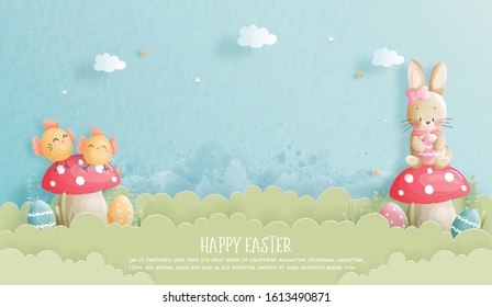 Easter card with cute bunny and chicken in paper cut style. Vector illustration