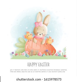 Easter card with cute bunny and chicken in paper cut style. Vector illustration