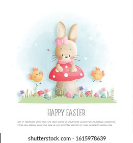 Easter card with cute bunny and chicken in paper cut style. Vector illustration
