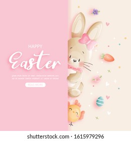 Easter card with cute bunny and chicken in paper cut style. Vector illustration