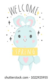Easter card with cute bunny. Colorful Happy Easter greeting card with rabbit, pattern and text. Vector illustration