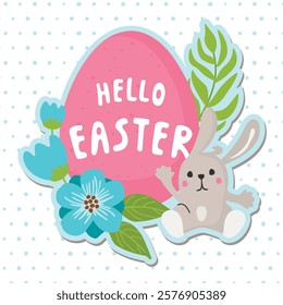 Easter card with cute bunny, egg and floral composition. Vector design isolated on white background with texture. Sitting rabbit with a welcoming gesture. Cartoon sticker for  banner, invitation.