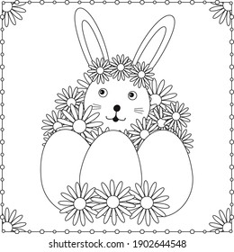 Easter card. Cute bunny, eggs and flowers. Coloring page. Vector illustration. 