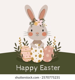 Easter card, cute bunny, eggs, plants, vector illustration