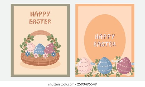 Easter card with cute bunny, eggs and flowers. banner, postcard. Vector illustration