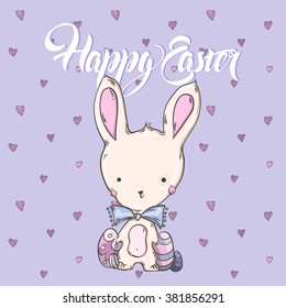 Easter card, cute Bunny with Easter eggs
