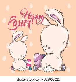 Easter card, cute Bunny with Easter eggs. cute bunnies with Easter eggs