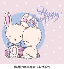 Easter card, cute Bunny with Easter eggs. cute bunnies with Easter eggs