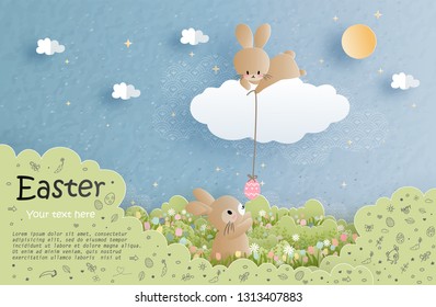 Easter card with cute bunny in the forest with tulip and flowers, plants. All in paper cut style vector illustration.