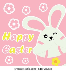 Easter card with cute bunny girl and flowers on pink background suitable for Easter postcard, wallpaper, and greeting card