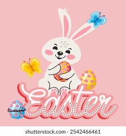 Easter card with cute bunny on pink background
