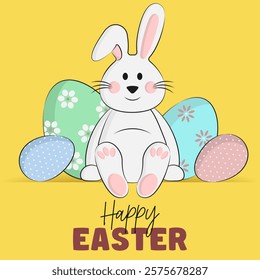 Easter card with cute bunny and painted eggs on yellow background