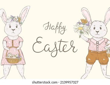 Easter card with cute bunny and spring flowers