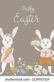 Easter card with cute bunny and spring flowers