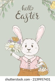 Easter card with cute bunny and spring flowers