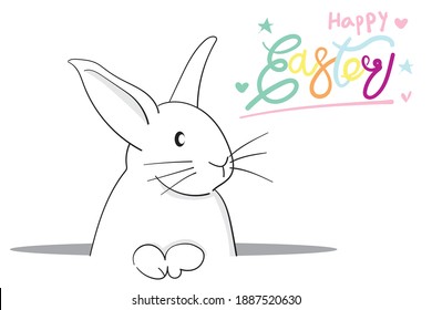 Easter card with cute bunny white pokes from the hole. vector illustrator Minimalist cartoon style. winter new year and Christmas. doodle cartoon