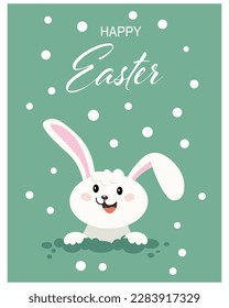 Easter card, cute bunny in a wicker basket with eggs. Children's print, illustration, vector
