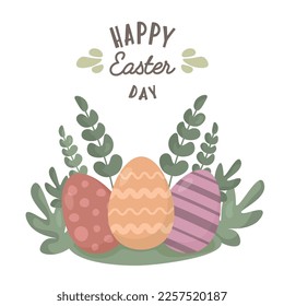 Easter card, cute cartoon characters chicken with eggs. Vector graphic. Happy Easter day cards. Eggs hunt. For Easter decoration, printing, web page. Cute amazing spring design.