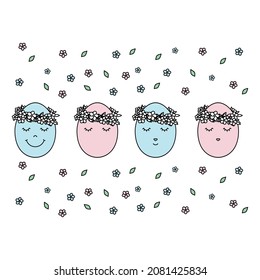Tarjeta de Pascua con bonitos huevos de dibujos animados. Afiche feliz de Pascua. Huevos de Pascua pintados a mano.