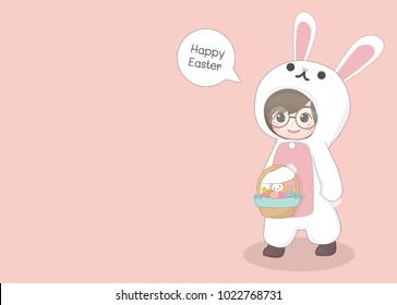 Easter card with cute character design girl in bunny costume carrying Easter basket with eggs and bunny.  Vector illustration.