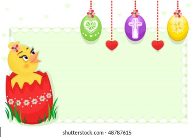 Easter card with cute chick and decorated eggs. Vector EPS AI8.