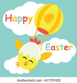 Easter card with cute chick fly on the sky for Easter postcard, wallpaper, and greeting card