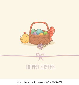 Easter Card with cute chicken and basket with eggs