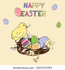 Easter card with cute chicken in the nest, flowers and colorful eggs. Hand drawing, the inscription of a happy Easter. Template for spring greeting cards