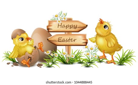 Easter card with cute Chicken Vector. cracked eggs, wooden sign, place for texts